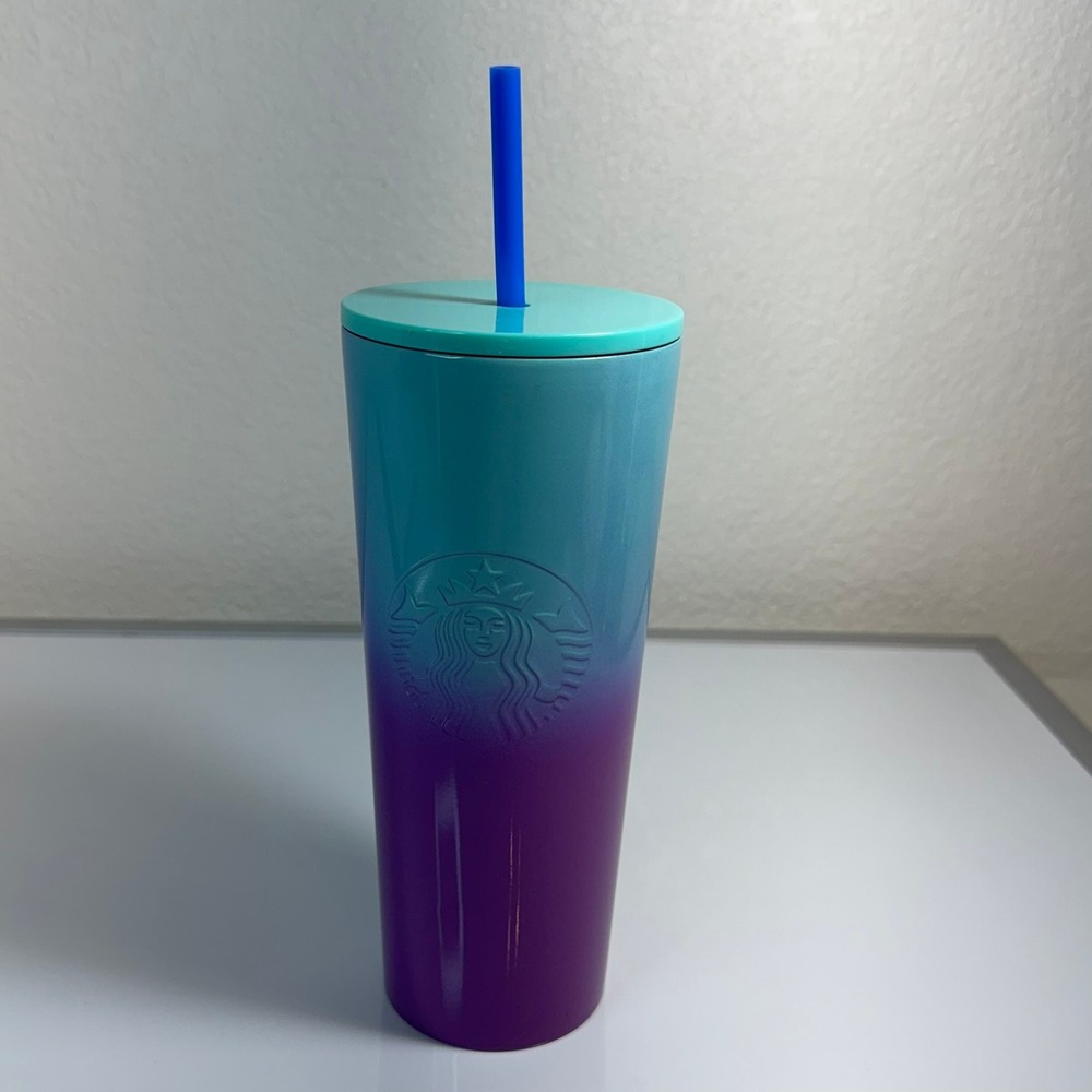 Starbucks Purple Teal Gradient Stainless‎ Steel Tumbler with Straw 24 oz New